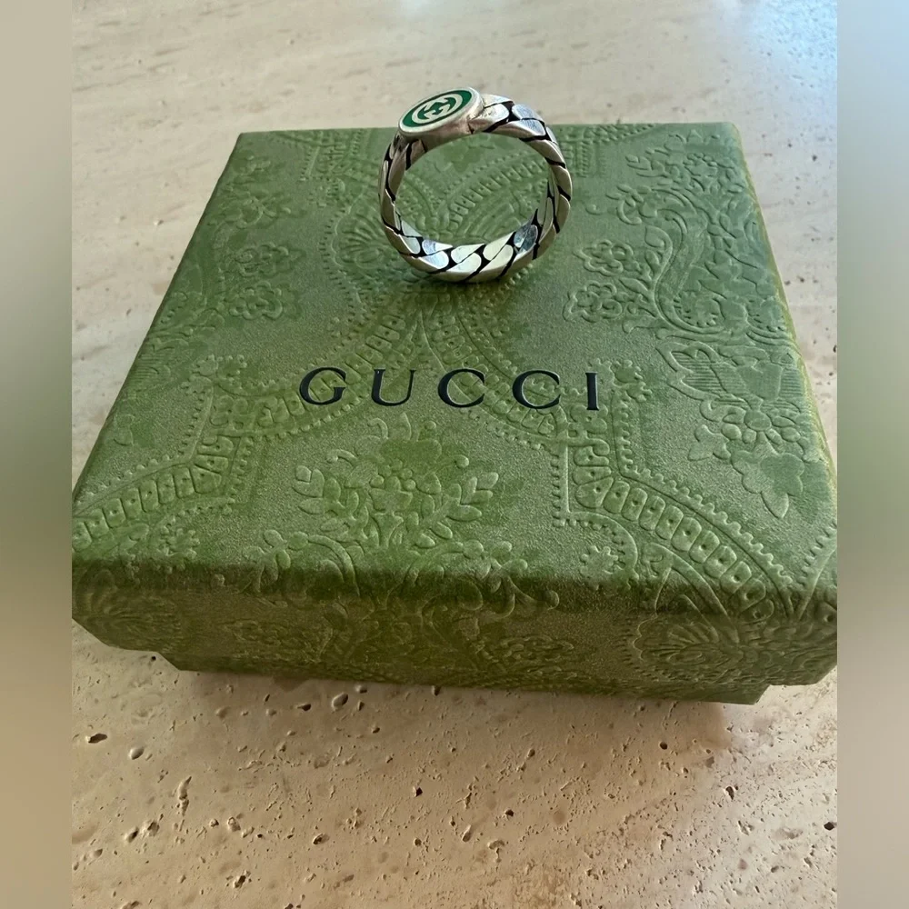 NWT Gucci Interlocking G Green Enamel Sterling Silver Ring Designer Size:20